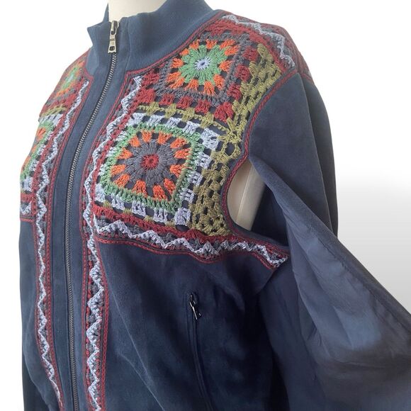 BCBG Maxazria Women Upas Cape Jacket Size L Blue Granny Square Full Zip Pocket - Picture 3 of 11